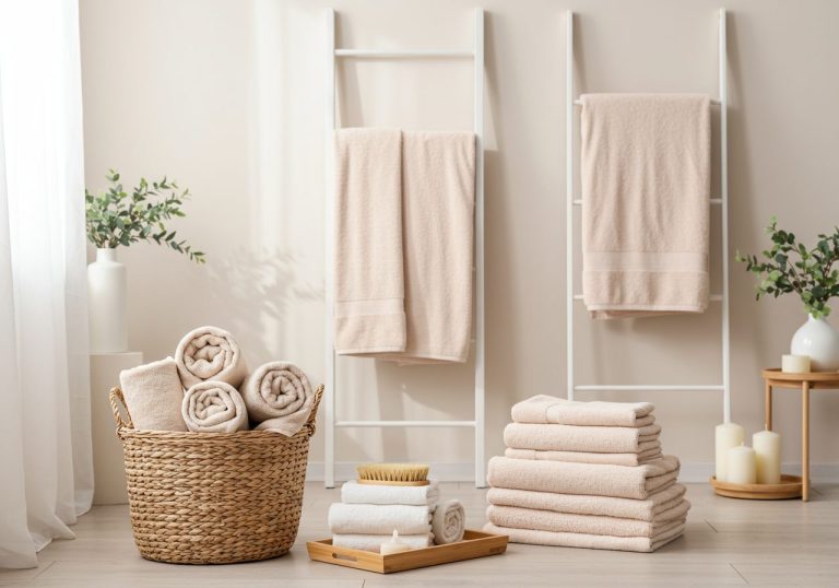 Decorated bathroom featuring spa-rolled towels, layered towel bar display, fan-folded hand towels, and towel ladder in a light-filled neutral-toned space