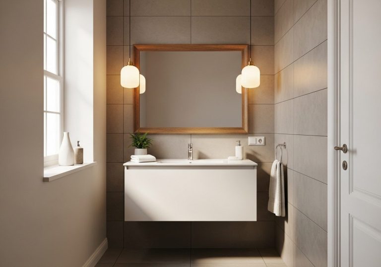 Decorated bathroom mirror in small urban space with warm lighting and wood frame