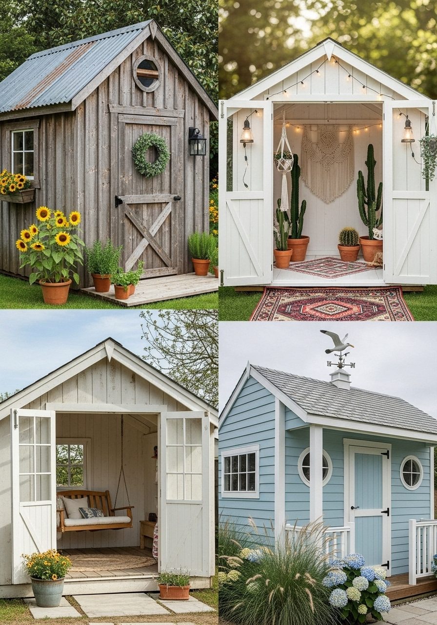 Decorated garden sheds in different styles with personalized interiors