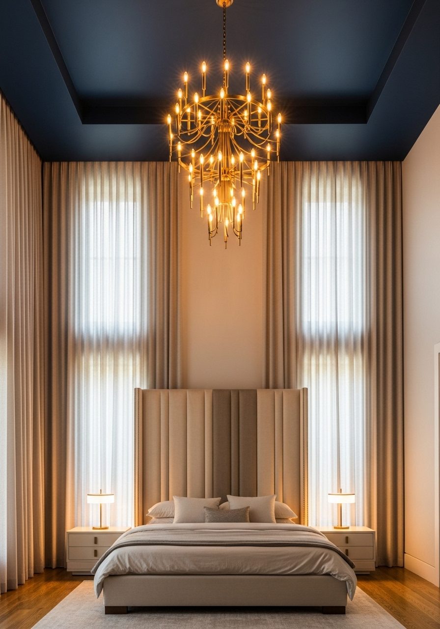 Decorated high ceiling bedroom with dark ceiling, chandelier, and tall headboard for a cozy feel