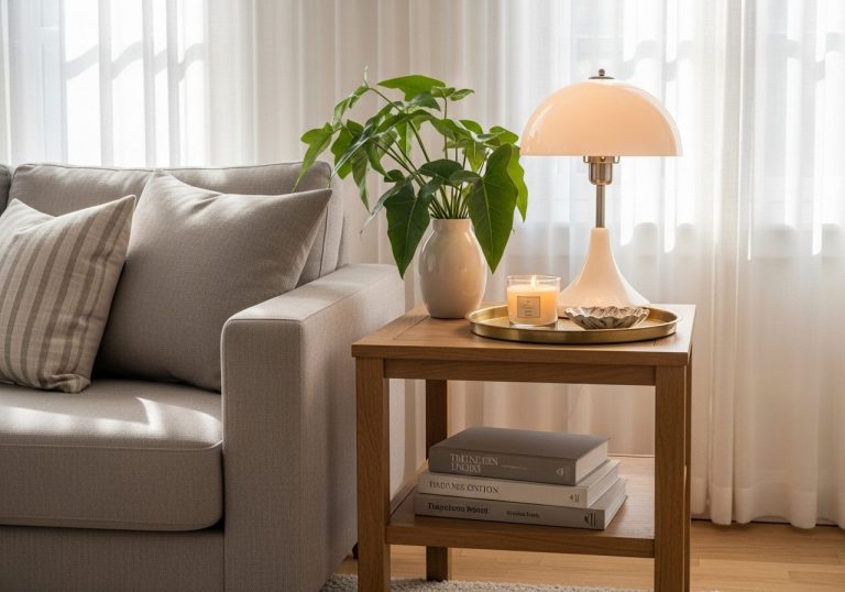 Decorated living room side table with lamp, plant, books, and tray, styled using the rule of three in a cozy Scandinavian interior
