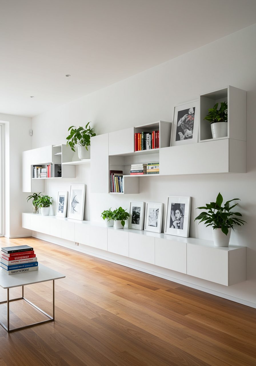 Decorative and functional storage units across a long living room wall