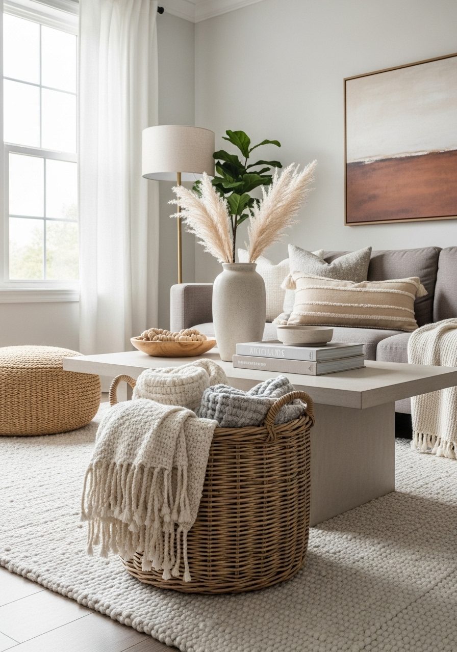 Decorative basket under a coffee table in a modern, cozy living room