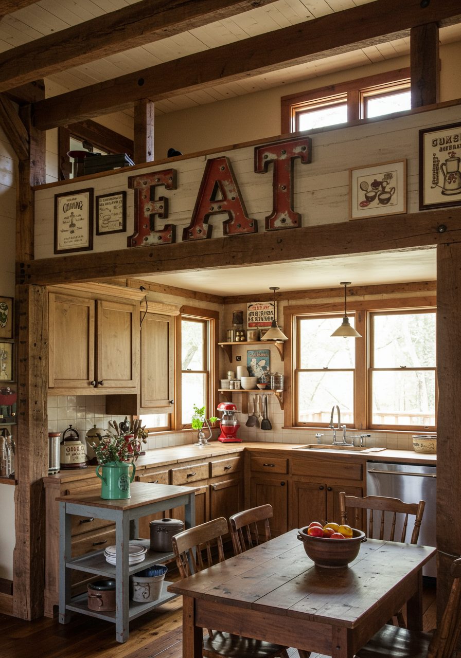 Decorative kitchen signage and framed art mounted on the front of the soffit