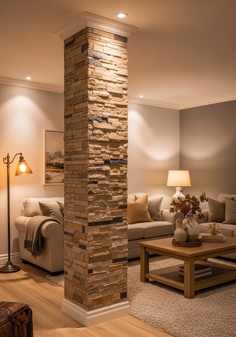 Decorative living room column with faux stone paint finish for added texture