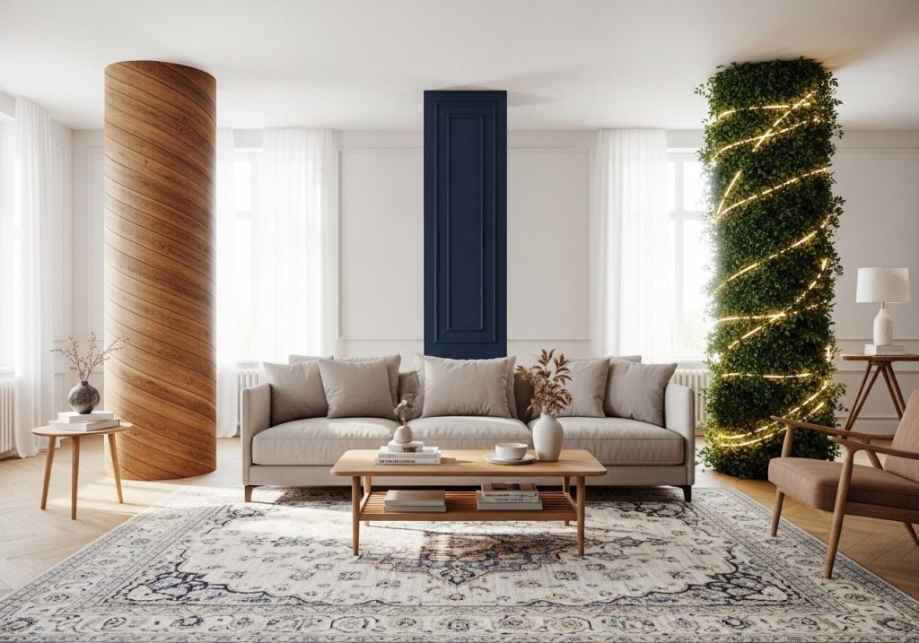 Decorative living room with wood-wrapped, painted, and plant-decorated columns in a stylish open-concept space