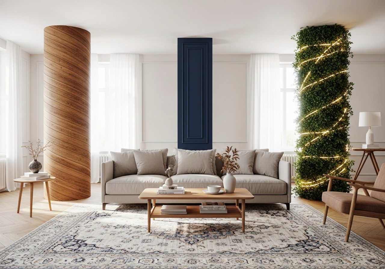 Decorative living room with wood-wrapped, painted, and plant-decorated columns in a stylish open-concept space