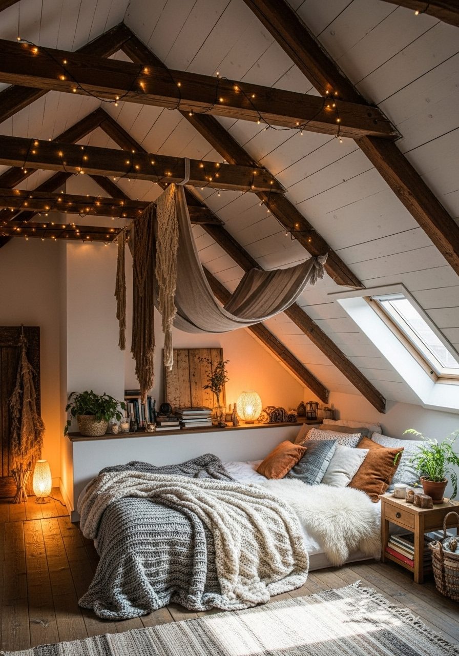 Decorative textures like exposed beams and fabric wall hangings used in a slanted wall bedroom