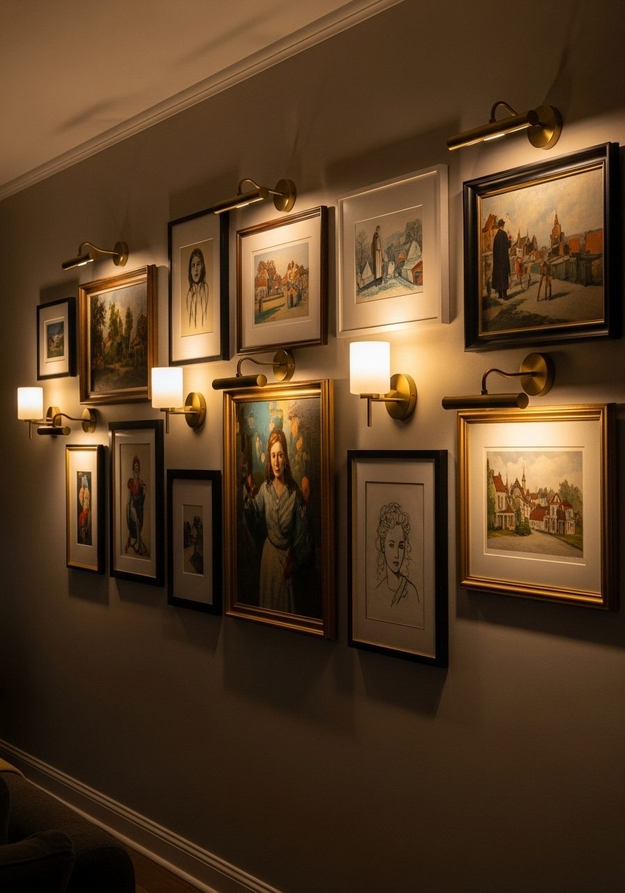 Decorative wall lights and sconces highlighting artwork on a long living room wall