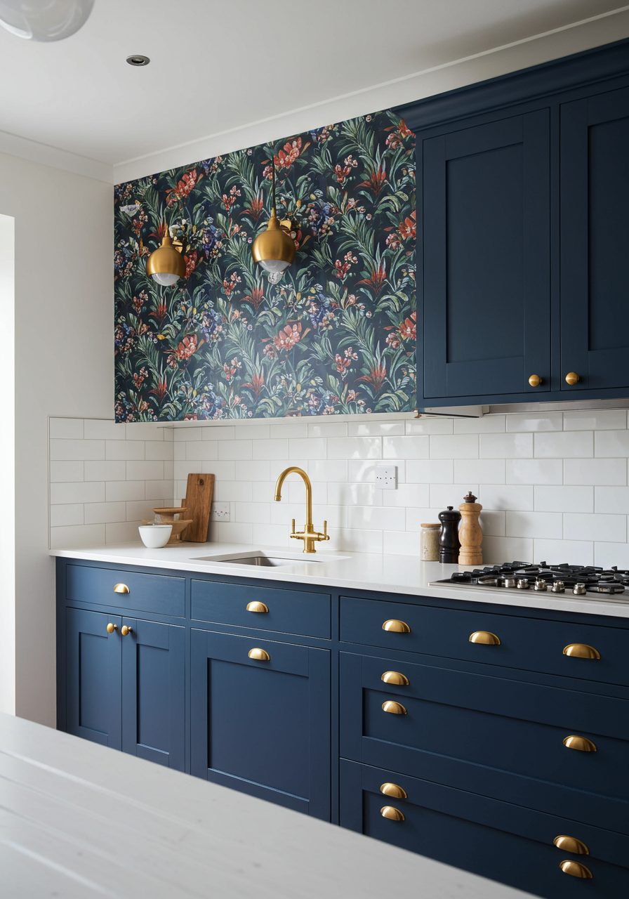 Decorative wallpaper used on kitchen soffit to add texture and bold design