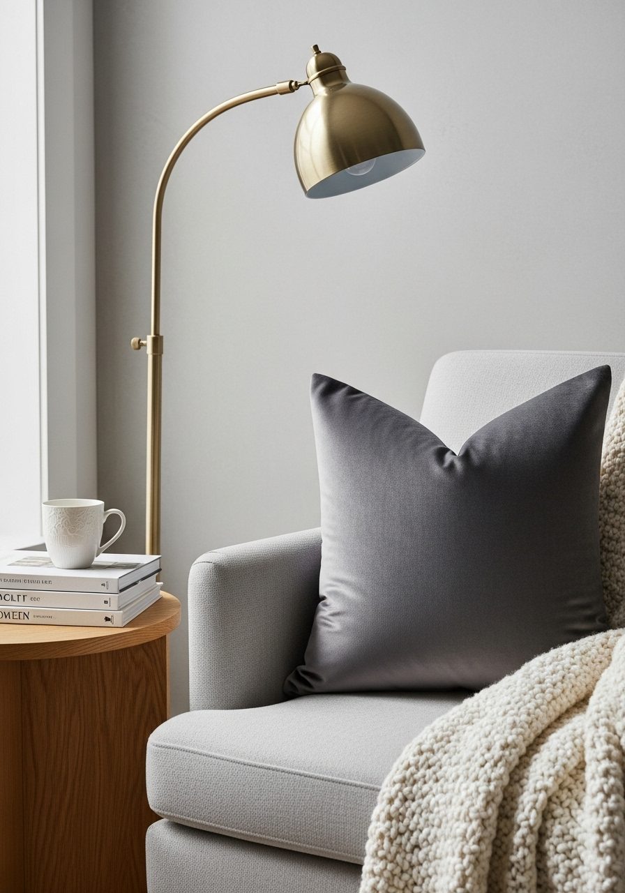 Detailed view of textures in a gray living room velvet, wood, brass, and woven textiles
