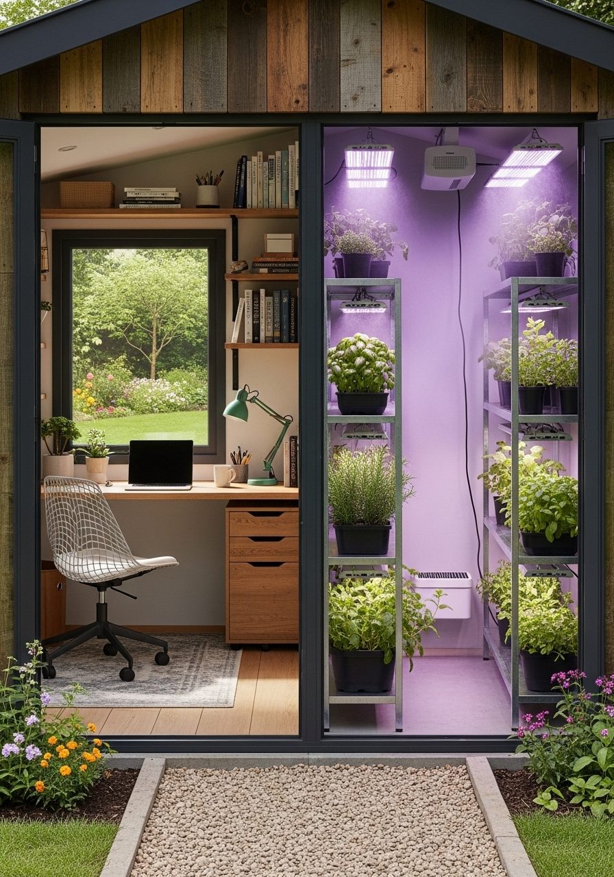 Dual-purpose garden shed used as office and greenhouse