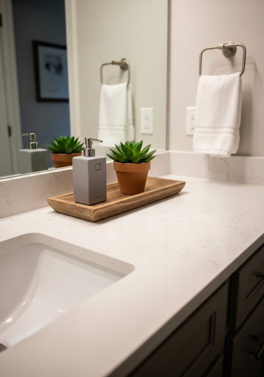 Durable quartz countertop with stylish neutral-toned decor