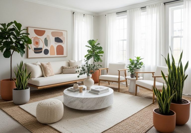 Elegant and cozy rectangular living room with well-zoned furniture, natural light, and modern decor