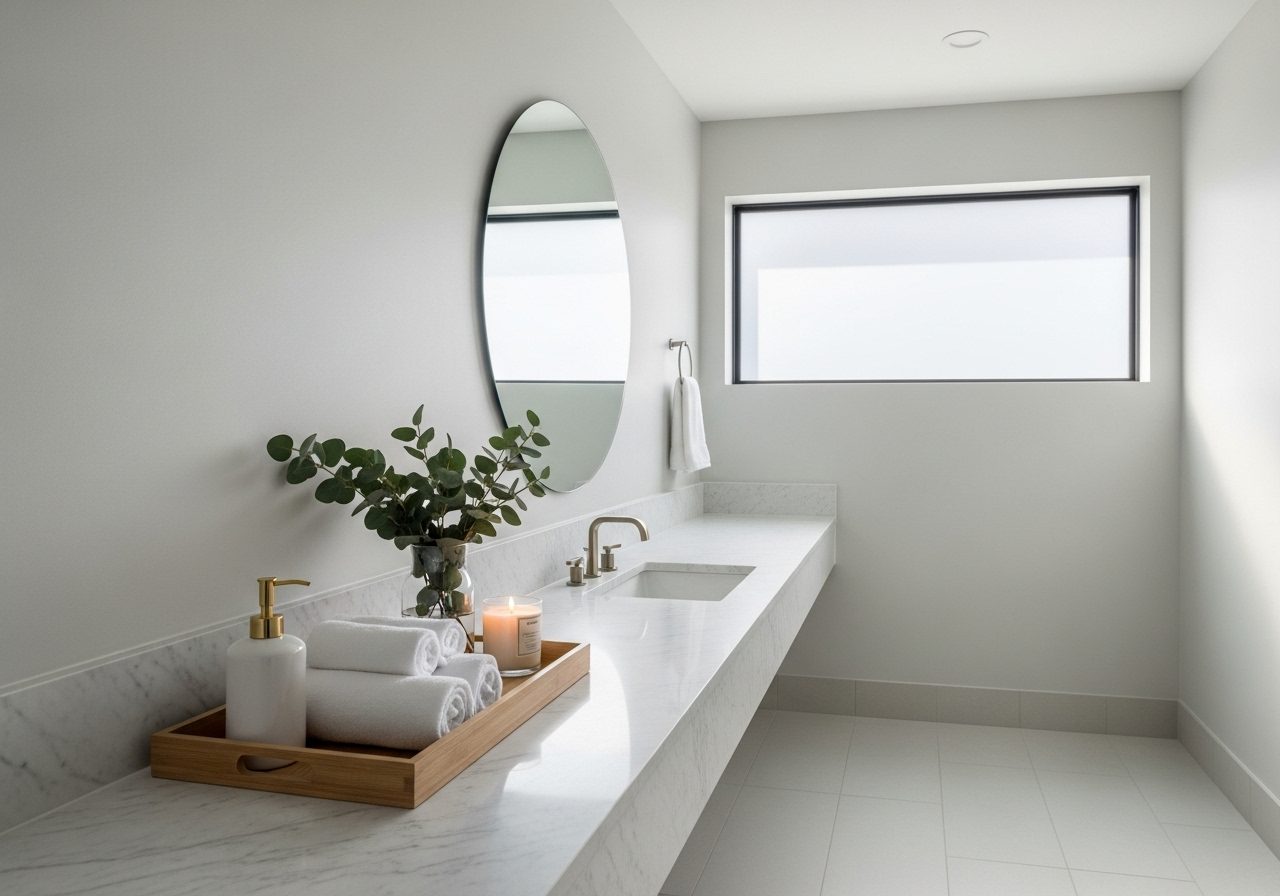 Elegant bathroom with decorated marble countertop, wood tray, eucalyptus vase, towel rolls, and candle in a calm spa-style setup