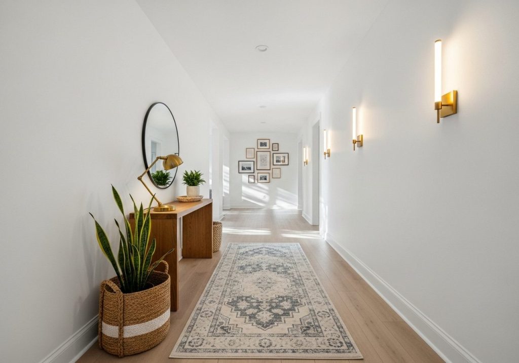 Elegant long entryway with console table, runner rug, mirror, plants, and layered lighting for a cozy, functional look