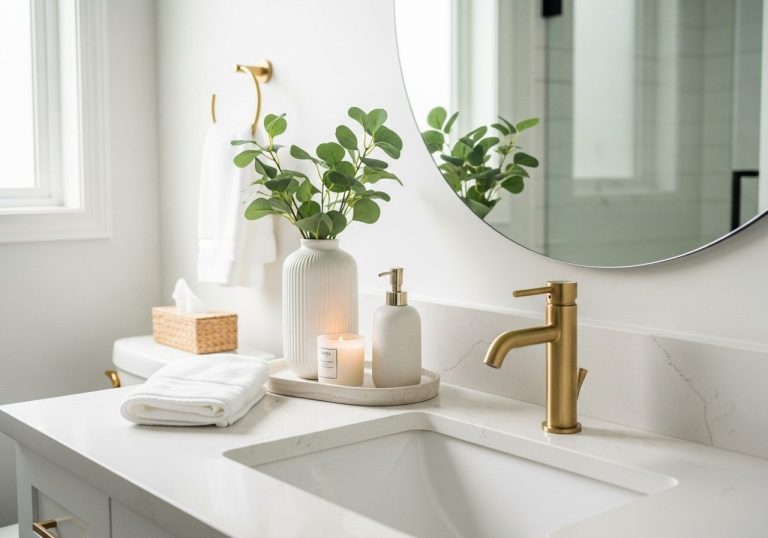 Elegant modern bathroom countertop with styled tray, soap dispenser, greenery, and gold faucet