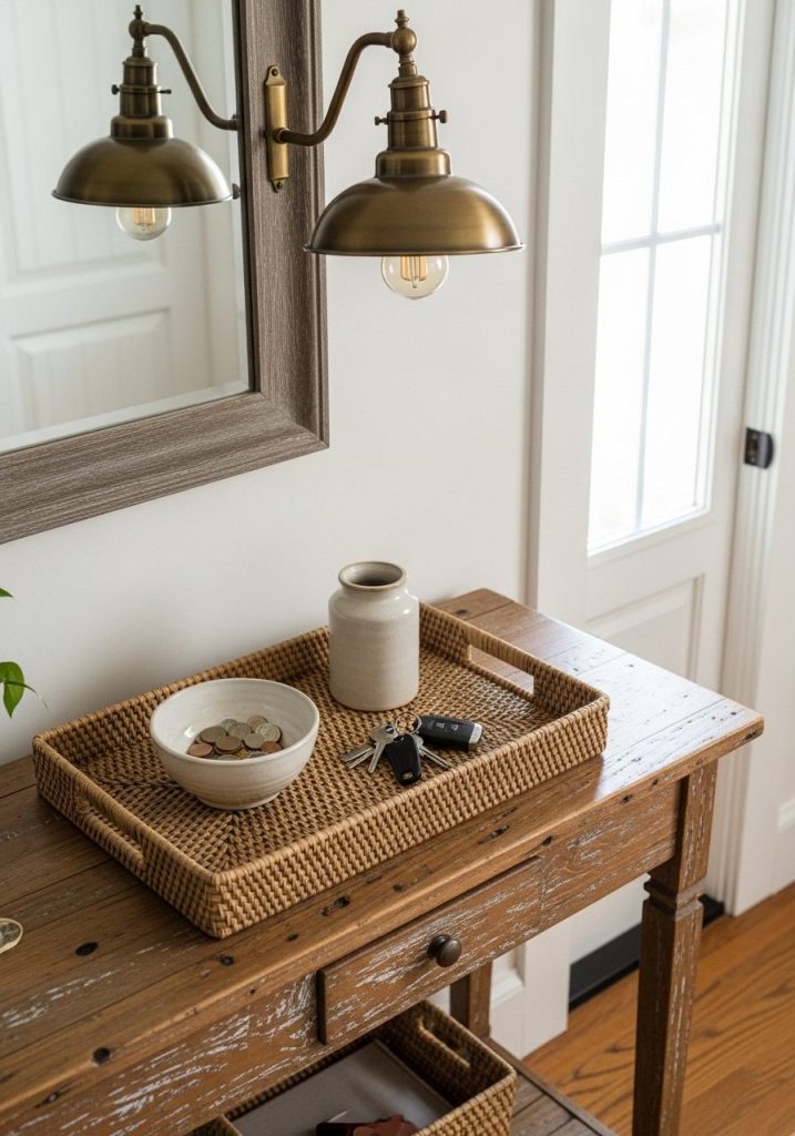 Entry table with tray for keys and small storage bowl