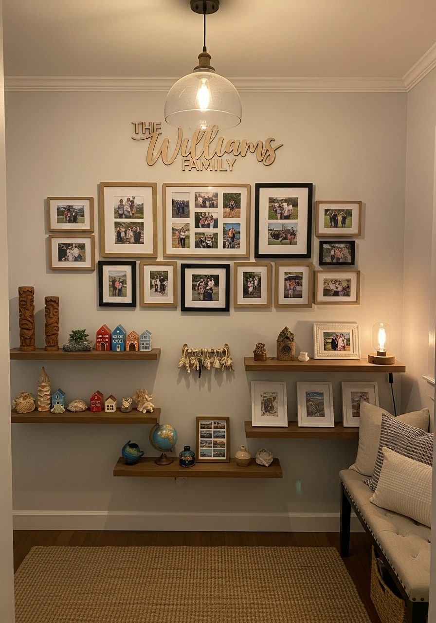 Entryway decorated with framed photos and personalized family signage