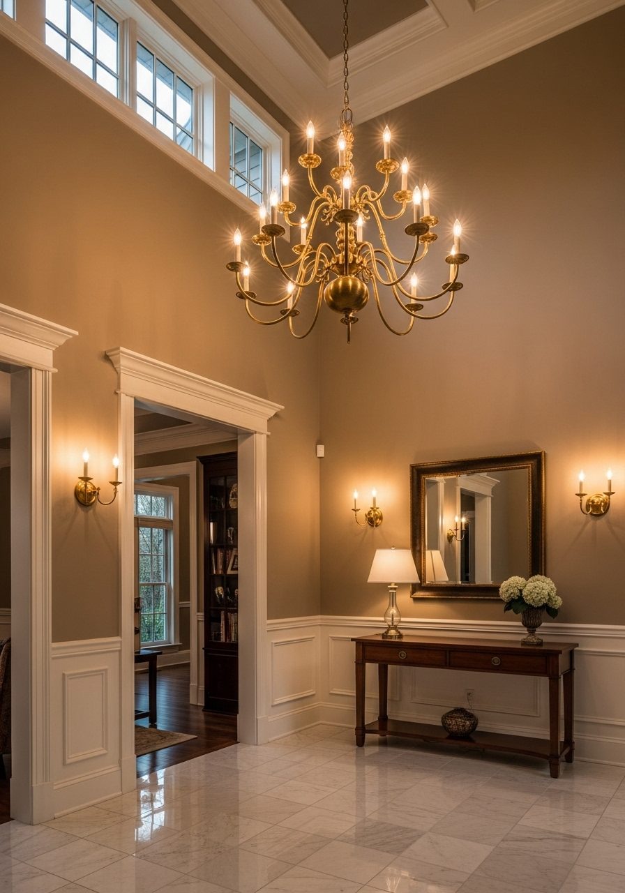 Entryway lit with chandelier, sconces, and a table lamp for cozy lighting