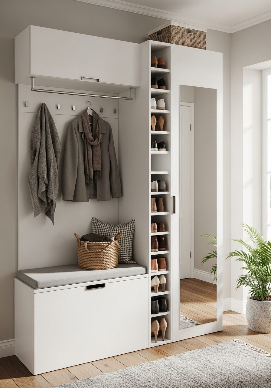 Entryway storage solutions including bench, cabinets, and shoe organizer
