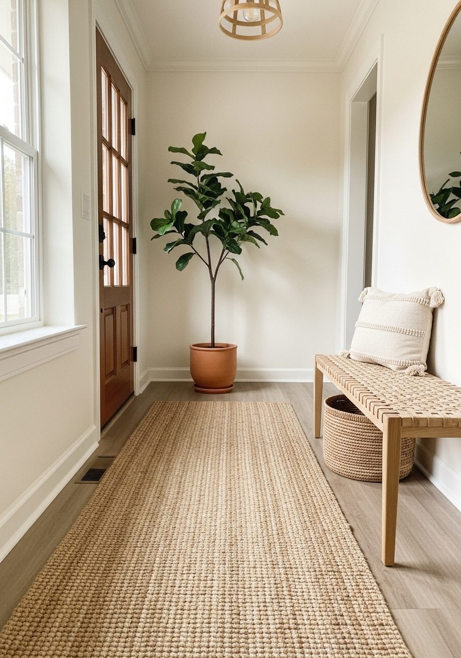 Entryway styled with natural textures and greenery like jute rugs and indoor plants