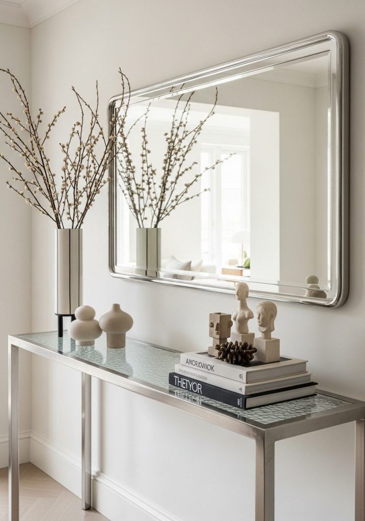 Entryway table with mirror and tall vase creating height contrast