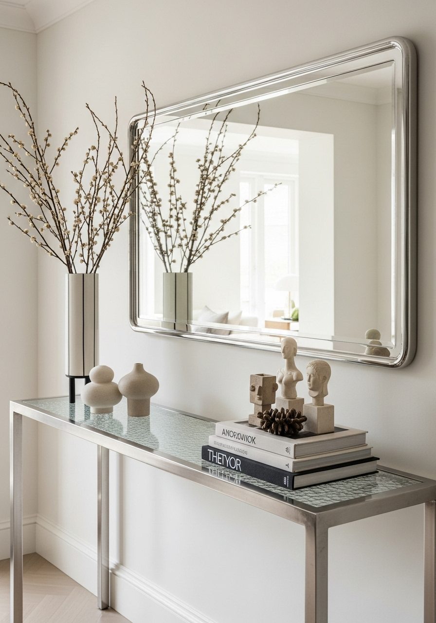 Entryway table with mirror and tall vase creating height contrast