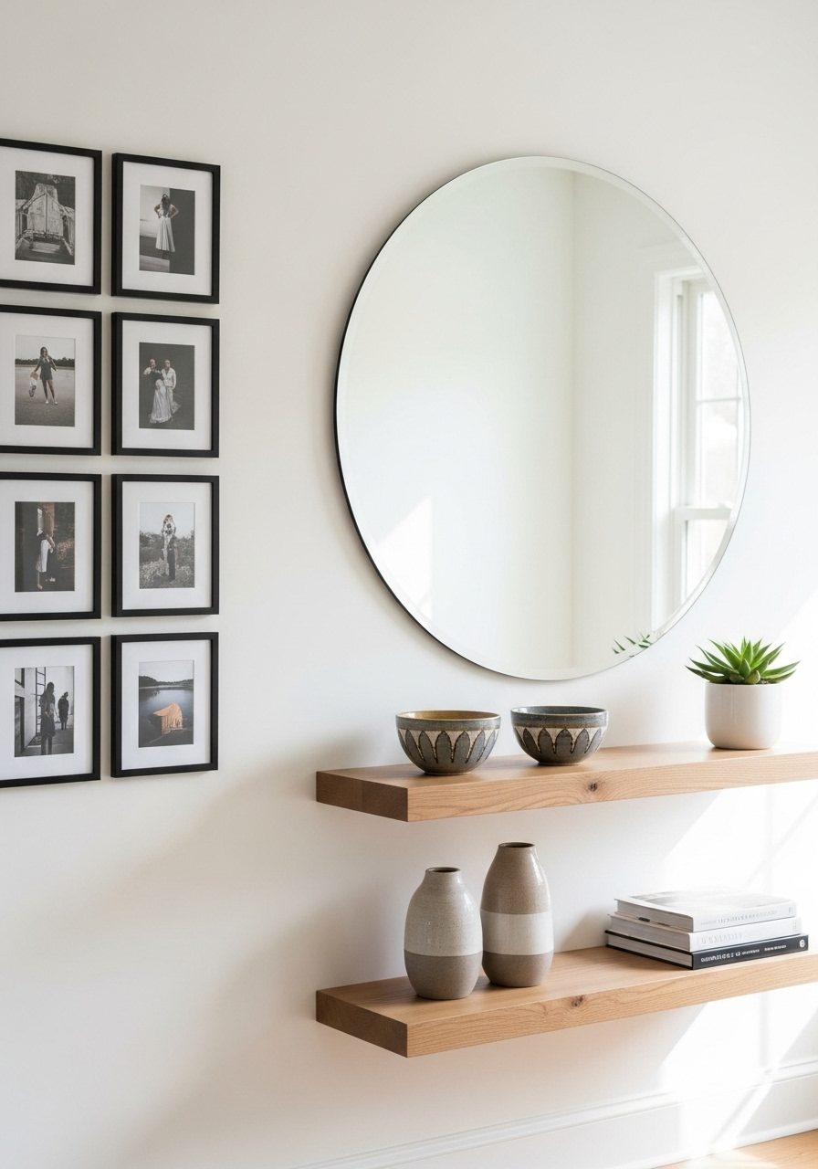 Entryway wall with large mirror, framed photos, and minimalist shelves