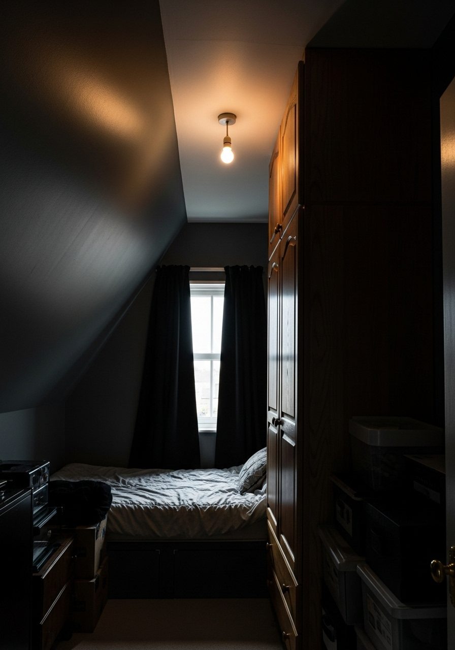 Examples of decorating mistakes in a slanted wall bedroom, including wrong furniture and lighting