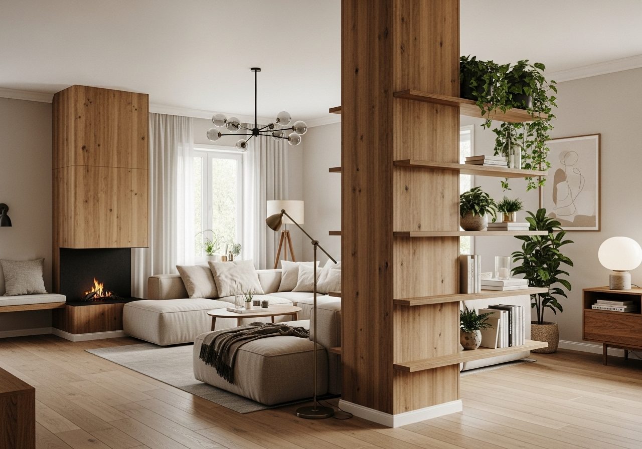 Feature image showing a beautifully styled living room where a structural pillar is hidden using wood cladding, shelving, lighting, and plants, blending seamlessly with modern furniture.jpg