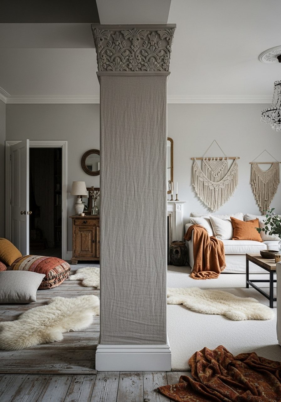 Fabric-covered pillar in a bohemian living room with decorative trim