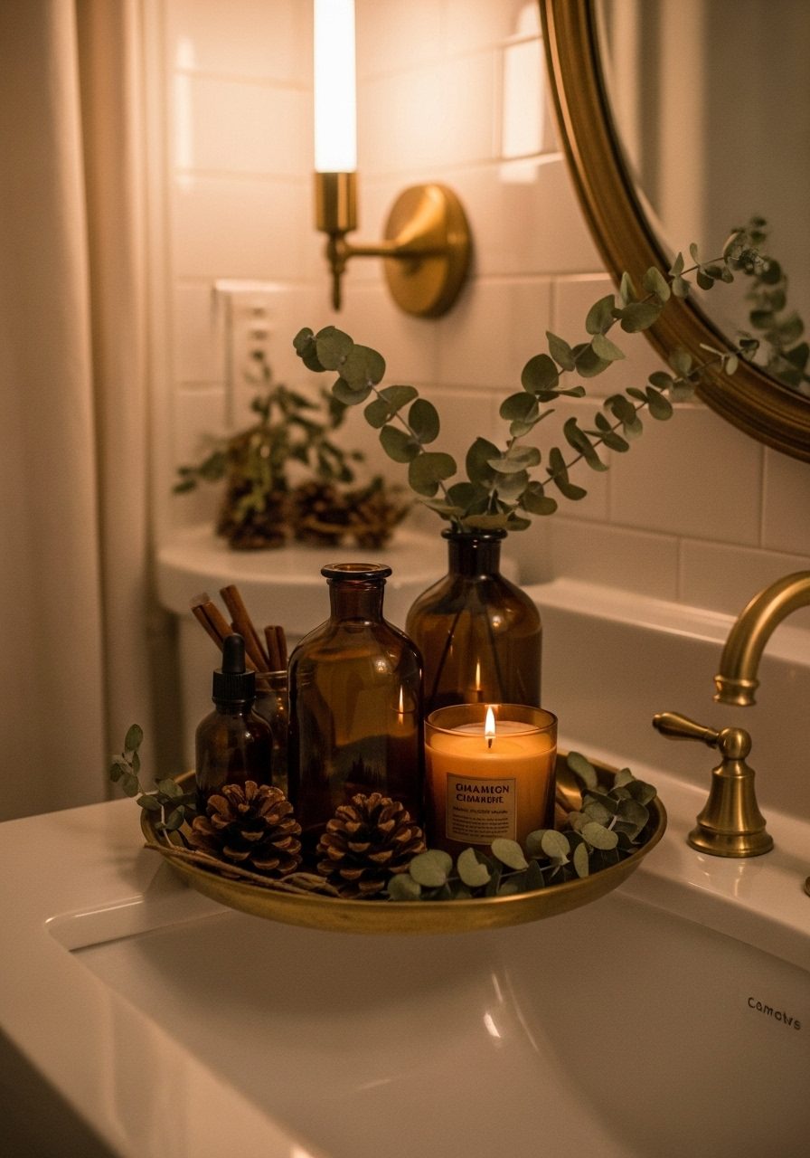 Fall bathroom decor with cozy amber tones and seasonal accents
