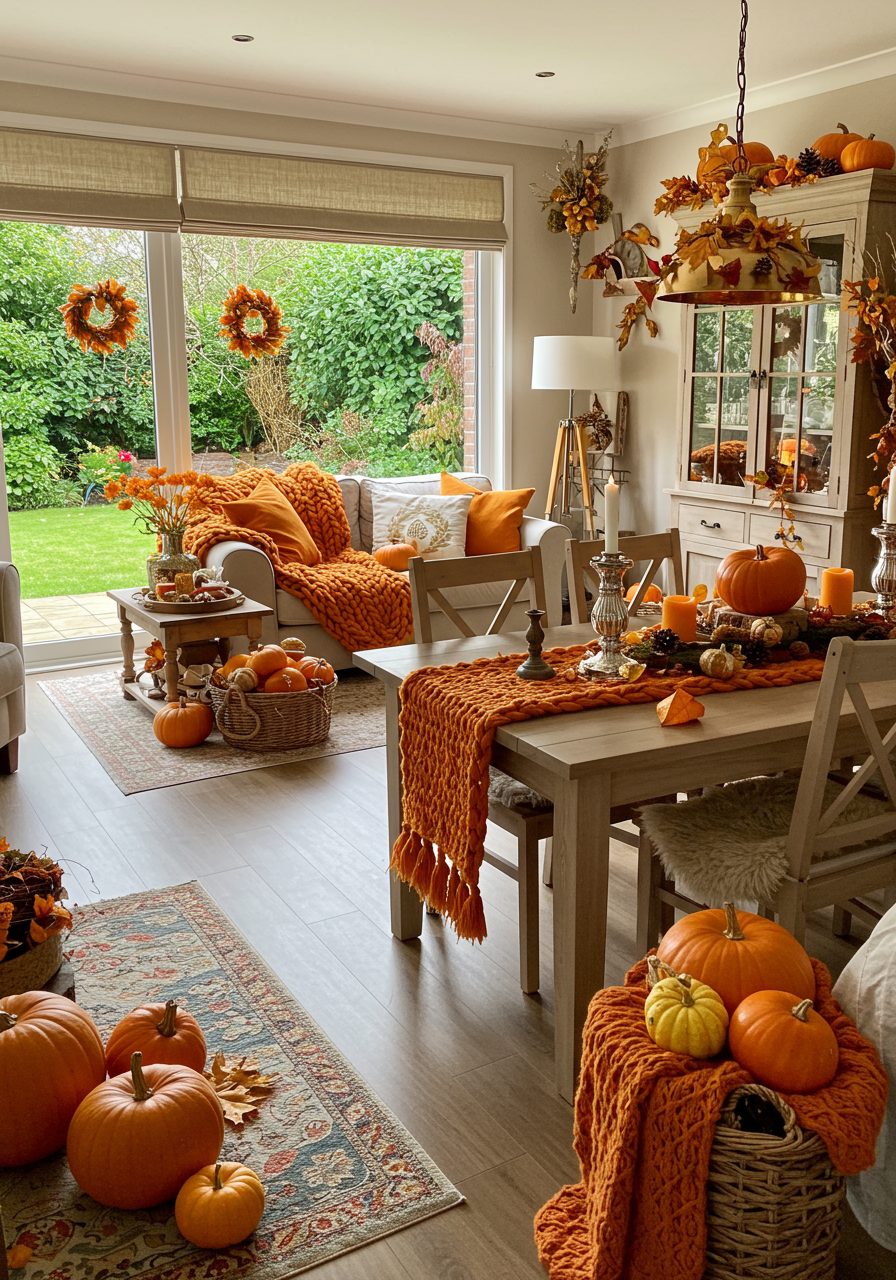 Fall seasonal decor styled cohesively in open-plan dining and living area