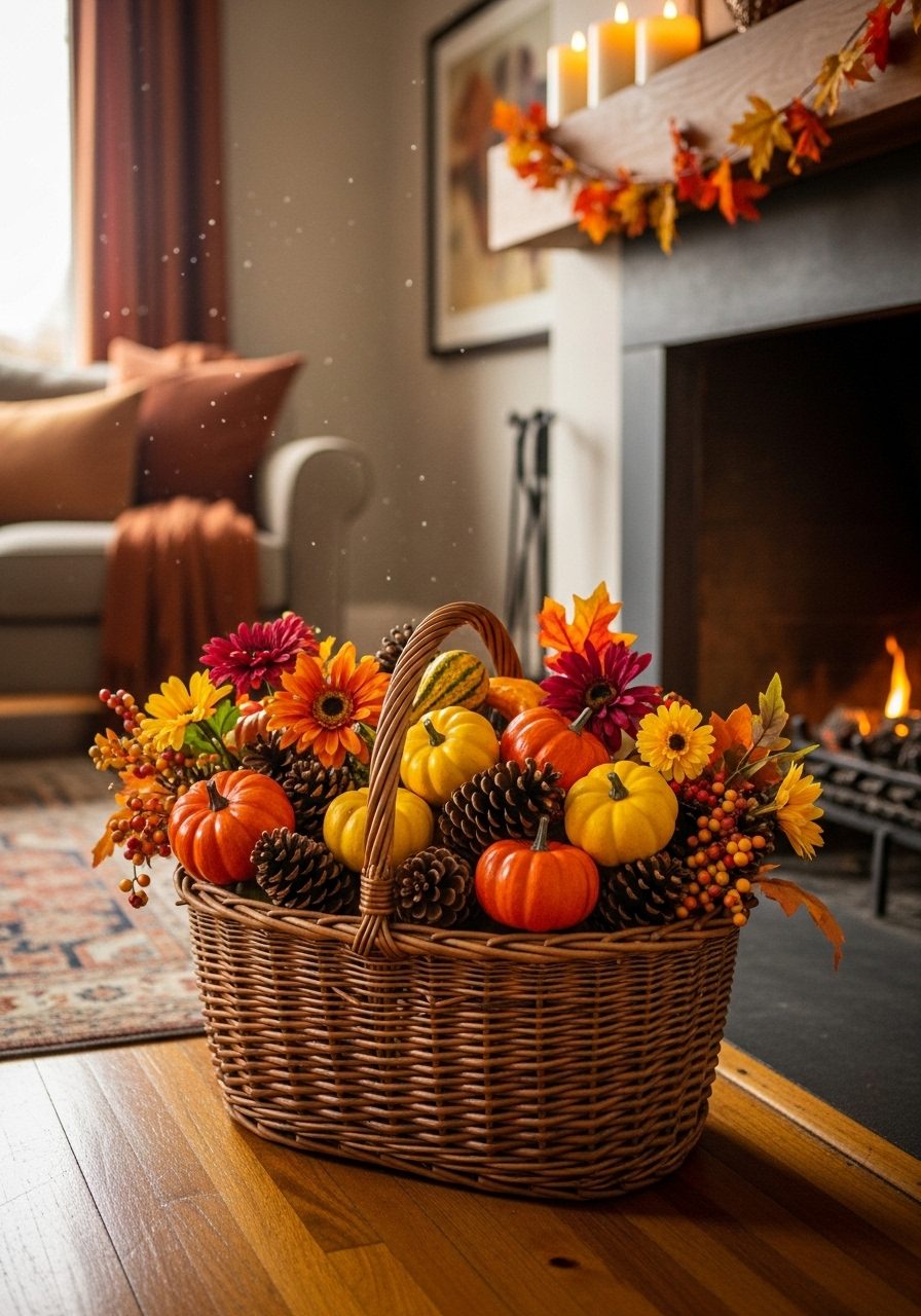 Fall-themed basket with pinecones and mini pumpkins styled near a fireplace