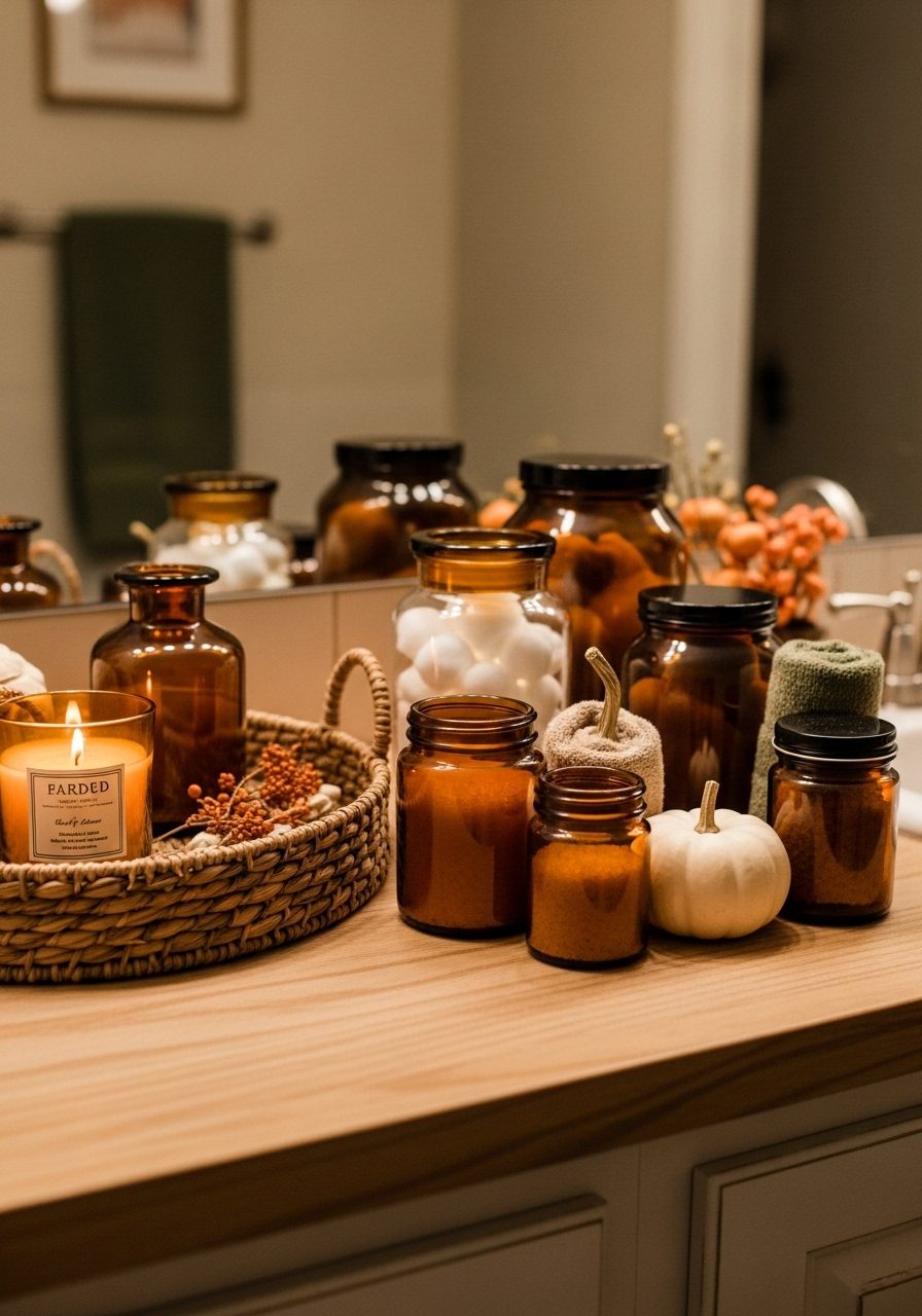 Fall-themed bathroom counter with amber jars and mini pumpkin