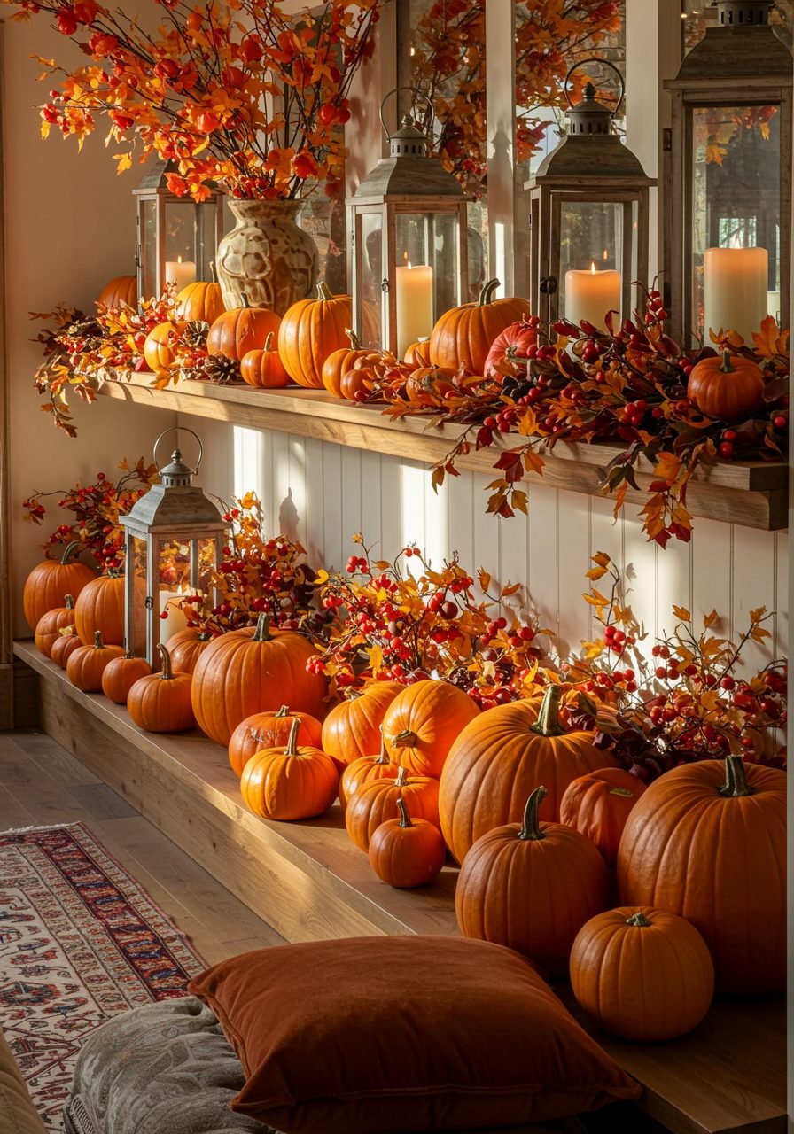 Fall-themed high ledge decor with pumpkins and warm seasonal touches