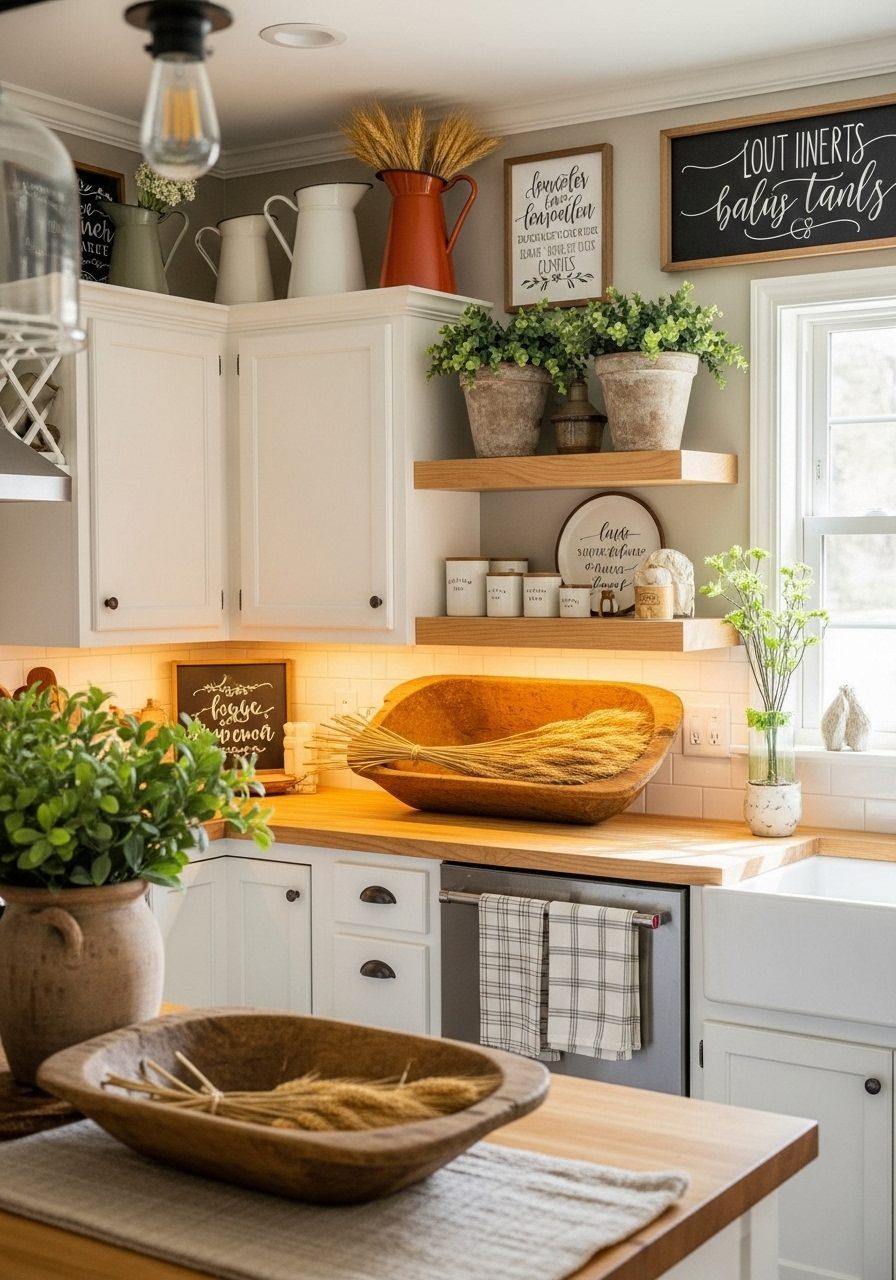 Farmhouse style decor with greenery and rustic accents above white kitchen cabinets