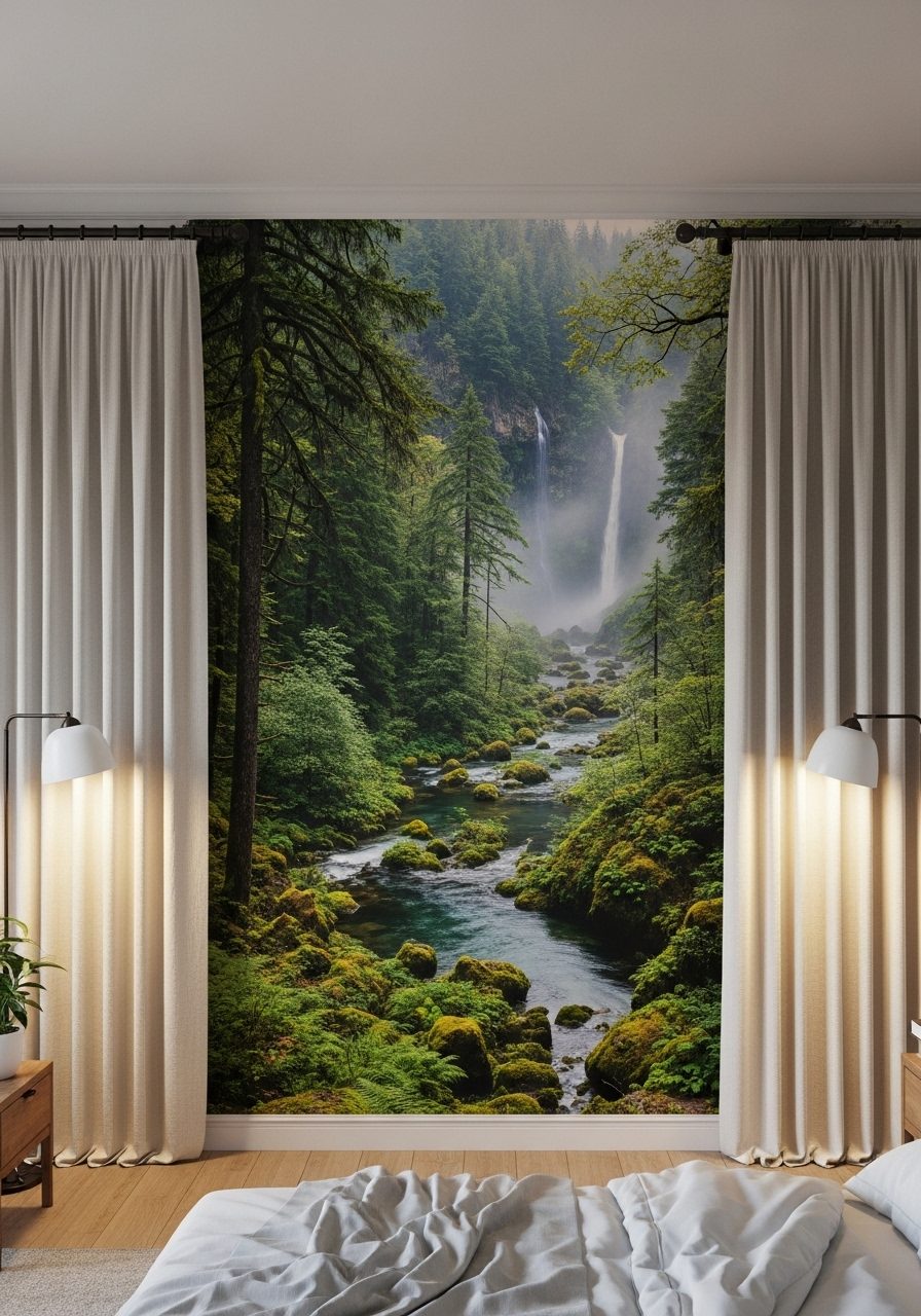 Faux window mural with curtains creates the illusion of natural light