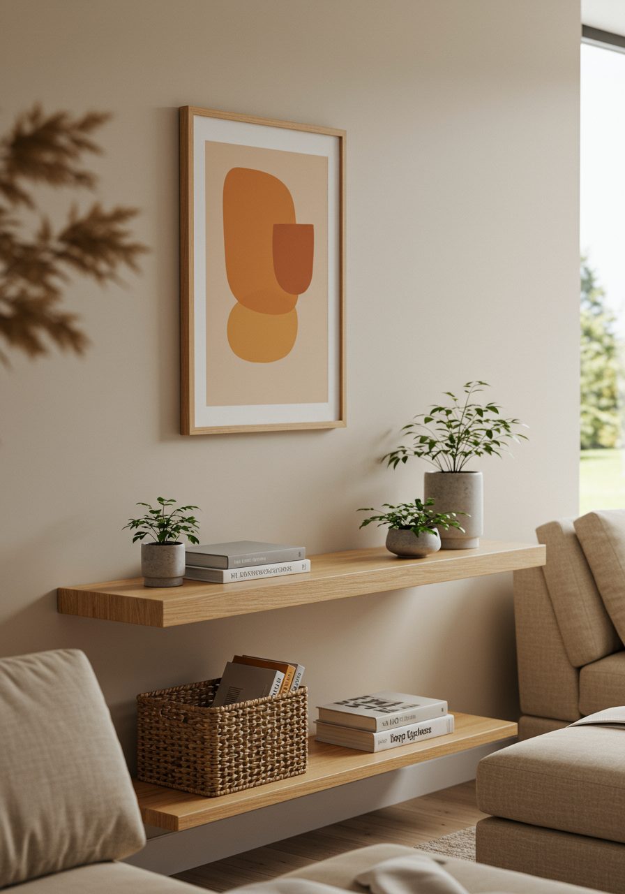 Floating console table placed strategically under an angled living room wall