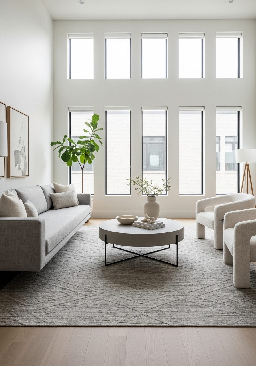 Floating furniture layout in a long rectangular living room with central seating