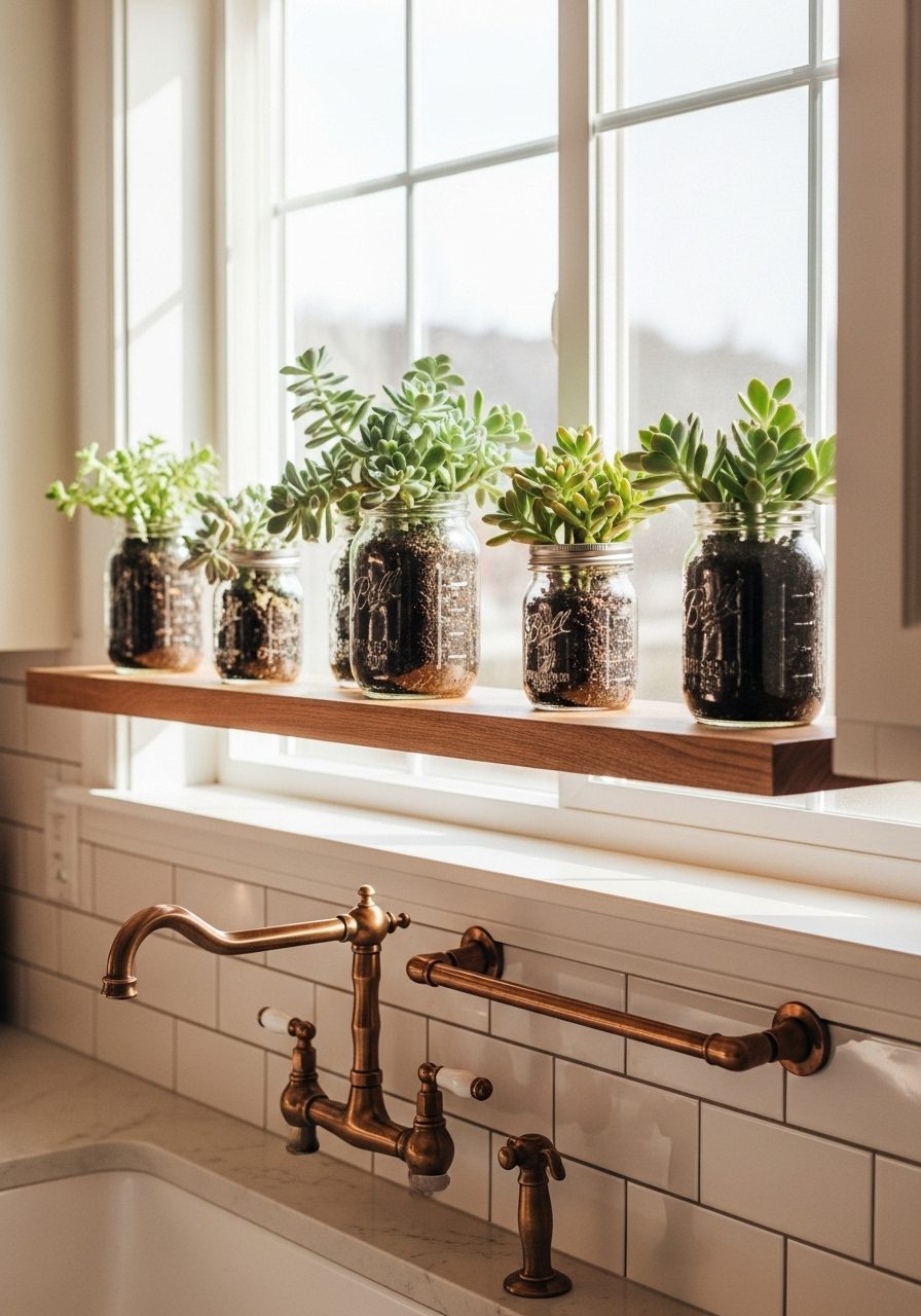 Floating shelf across a kitchen window with herbs and succulents in mason jars