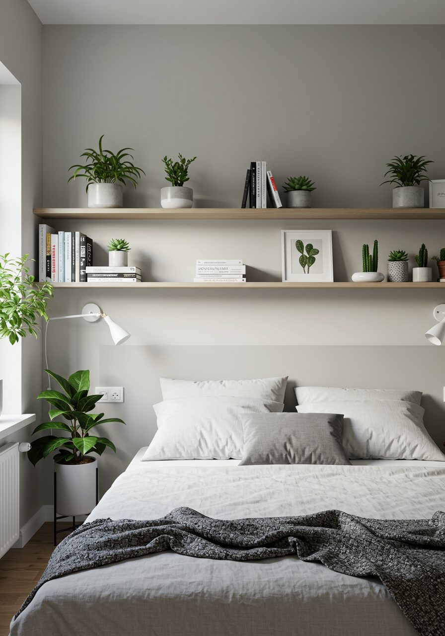 Floating shelves and lighting used to decorate wall behind bed instead of headboard
