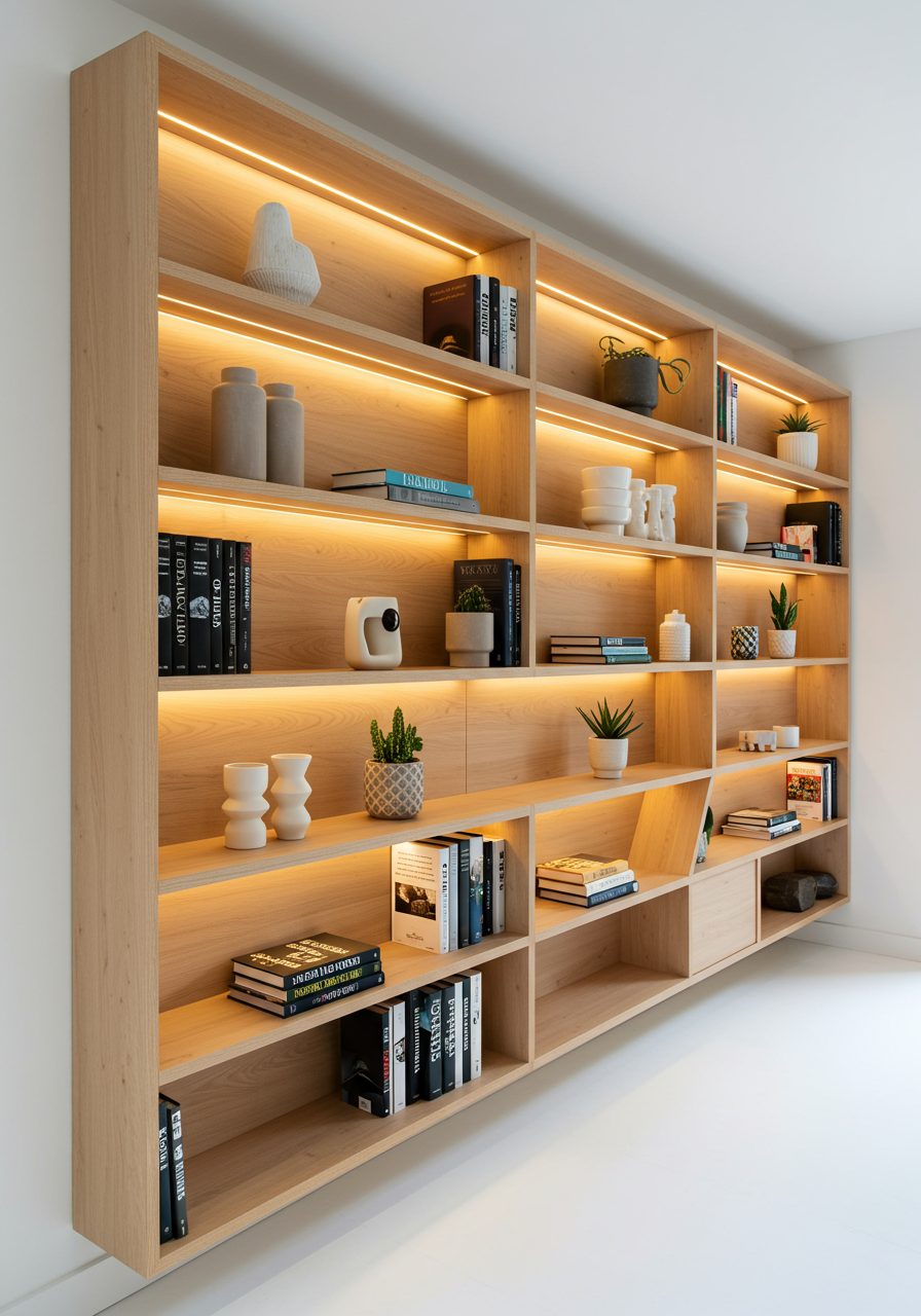 Floating shelves built along an angled wall in a minimalist living room