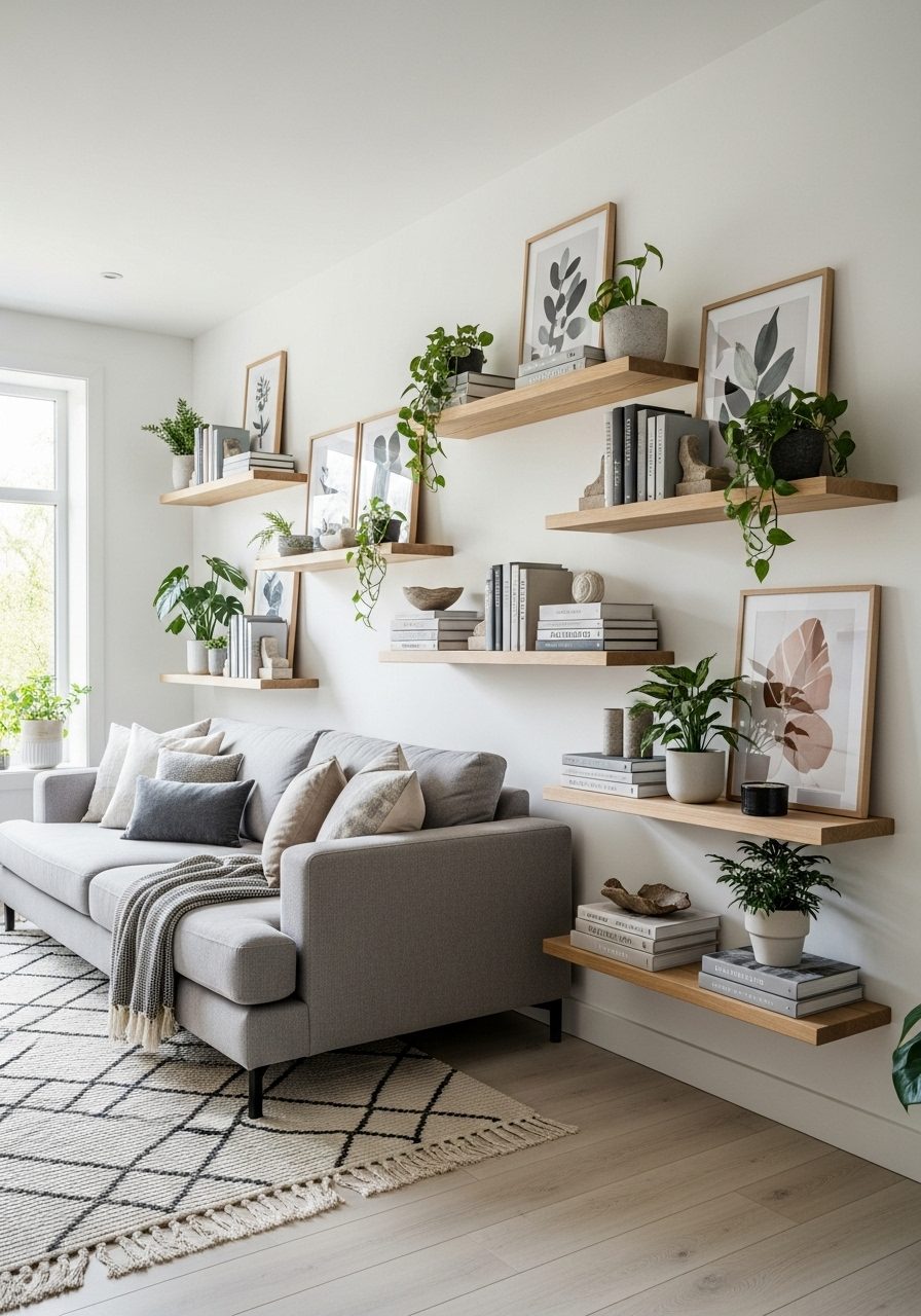 Floating shelves styled with decor on a long white living room wall