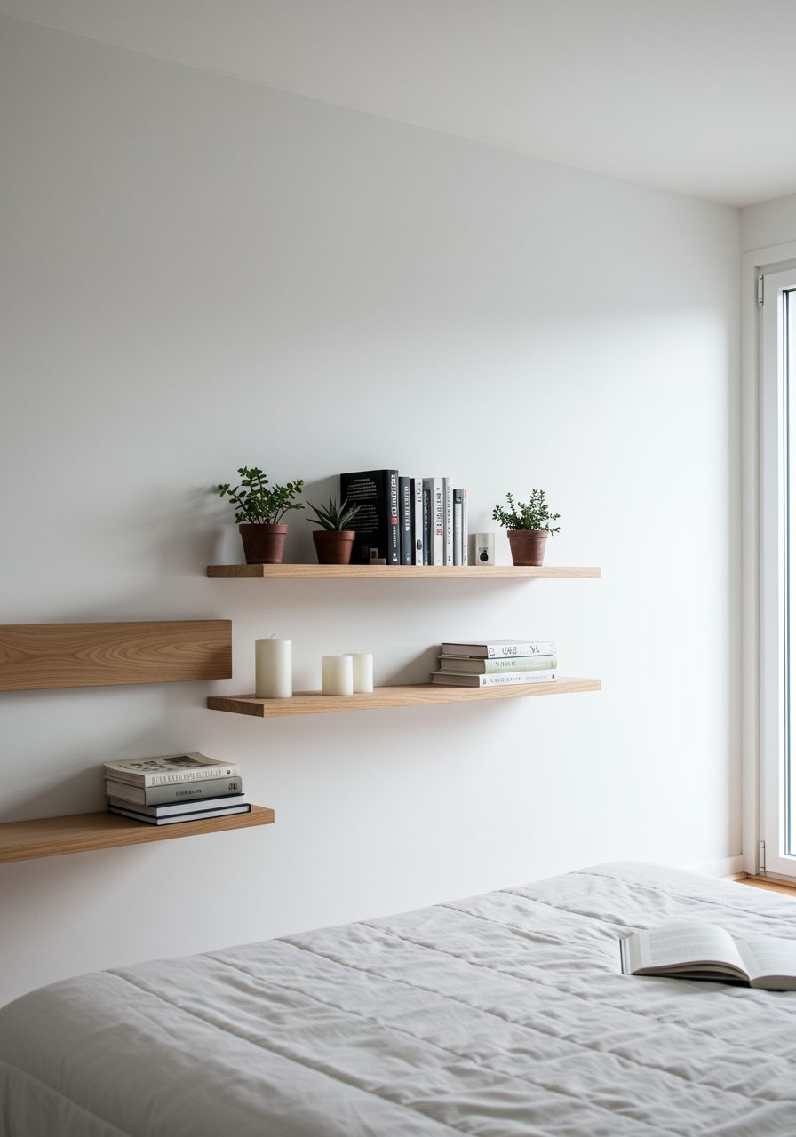 Floating shelves used as wall decor with books and plants in a large bedroom