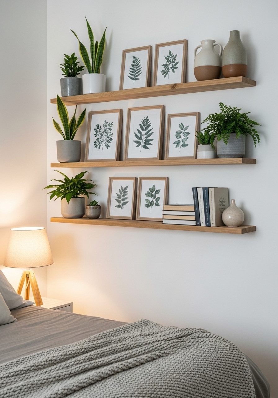 Floating shelves with books and framed prints styling a large bedroom wall