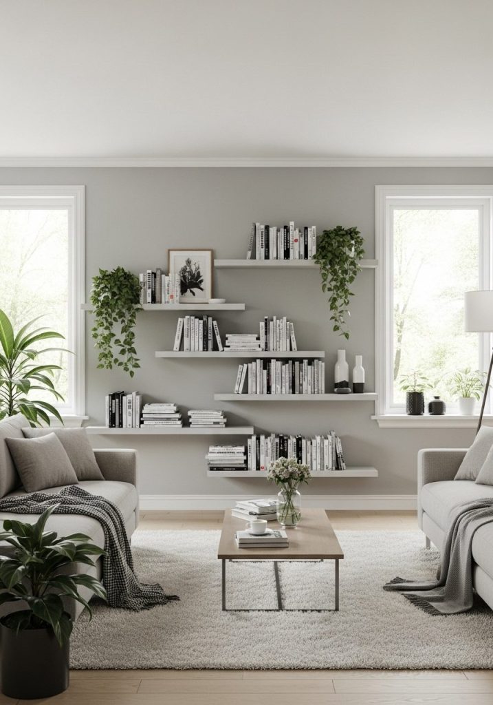 Floating shelves with books and plants in a modern living room