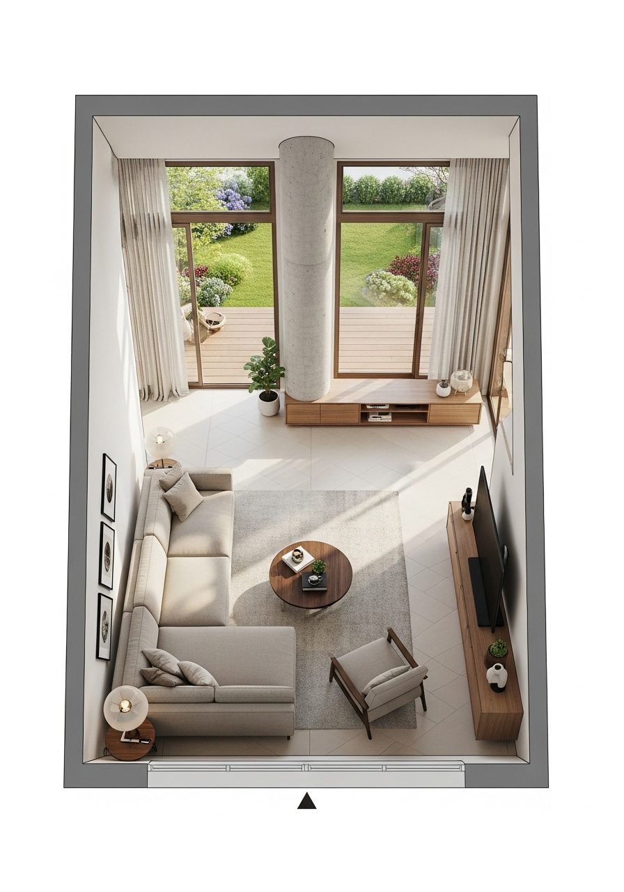 Floor plan layout showing how to arrange furniture around a disguised pillar