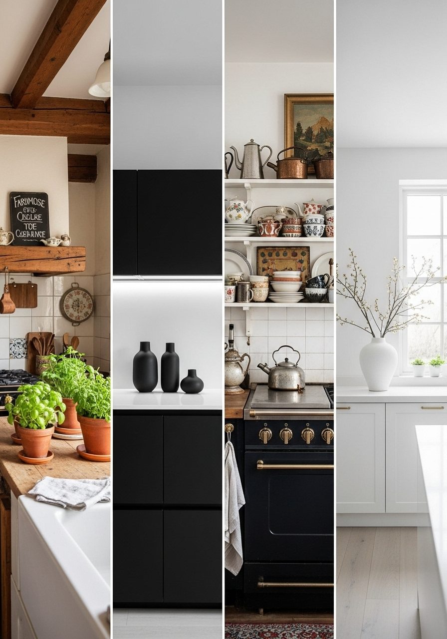 Four kitchen decor styles for above cabinets farmhouse, modern, eclectic, and minimalist themes